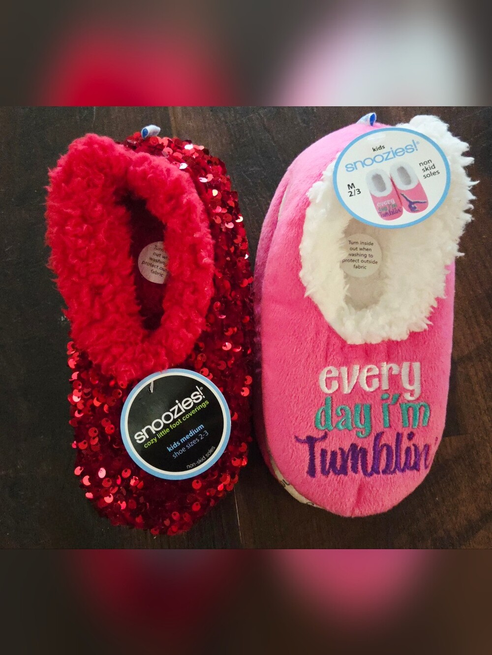 Snoozies! Kids' Pink Tumblin' & Red Sequin Cozy Slippers - Set Of 2
